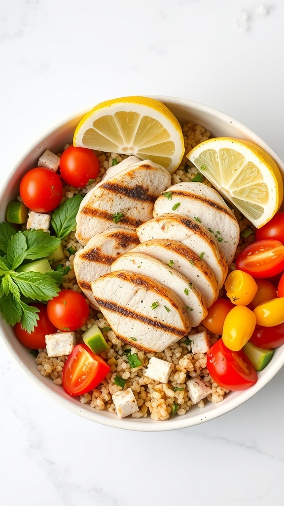 Aesthetic quinoa chicken bowl with grilled chicken, quinoa, cherry tomatoes, bell peppers, and cucumber, garnished with herbs.